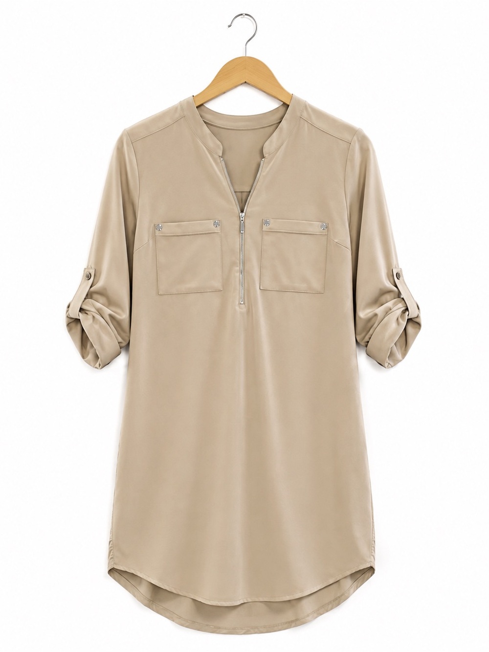 NY&CO S NWT beige roll tab sleeve minimalist professional tunic dress v-neck